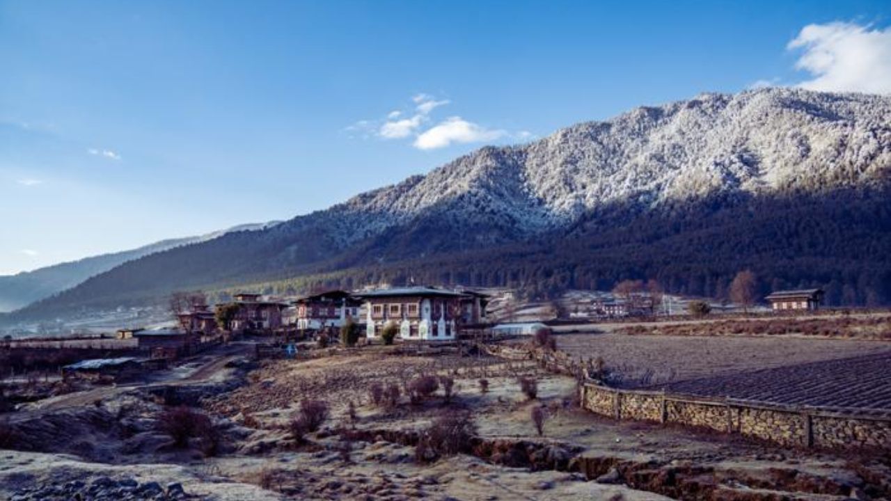 Scenic view of Phobjikha Valley in Winter